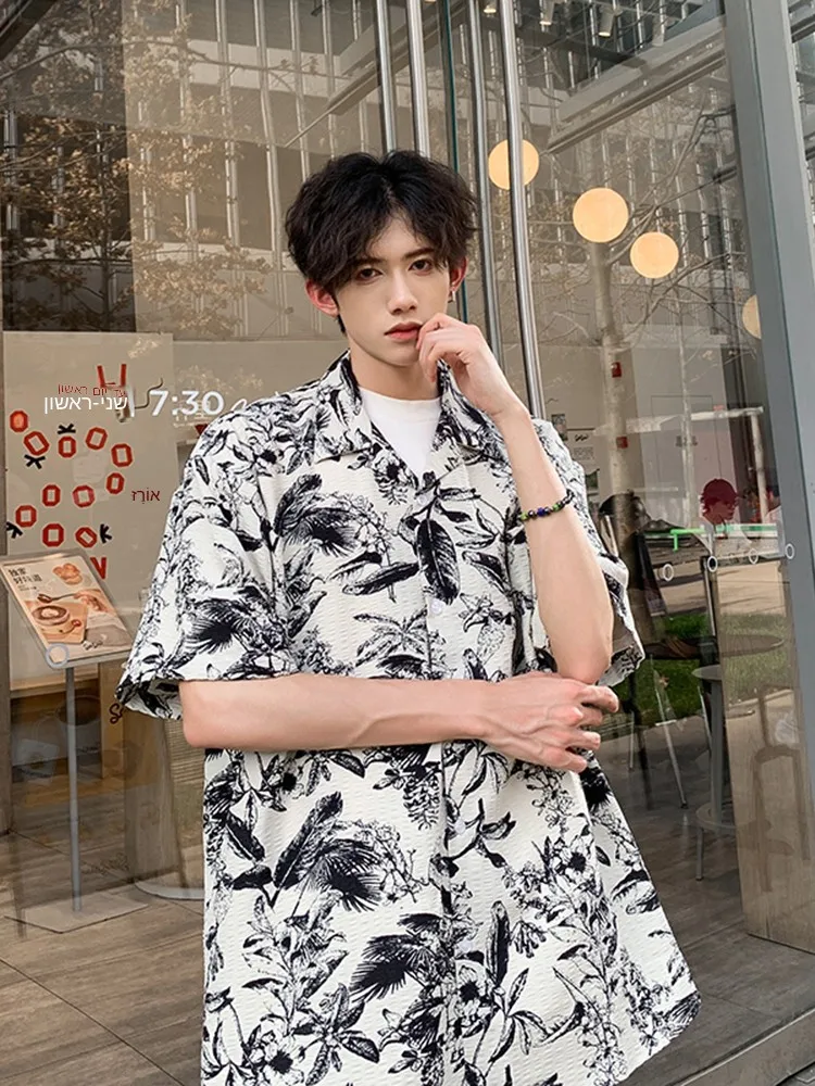 Retro Floral Cuban Collar Ice Silk Men's Shirt Short Sleeve Lightweight Summer Outerwear Breathable Fashionable Casual Shirt