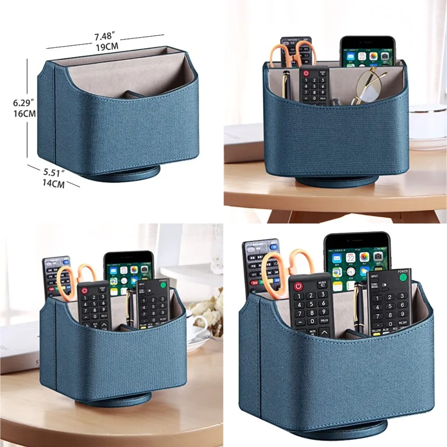 

Remote Control Holder PU Leather 360 Degrees Rotatable Desktop Supply Organizer Storage Box for Controllers Media Stationery Ni