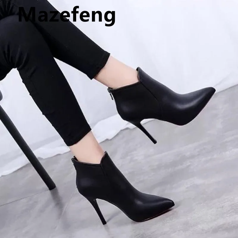 Women Sexy Pointed Toe Super High Heels Ankle Boots Autumn Winter Warm Short Plush Booties Woman Shiny Sequin Botas Mujer 2021