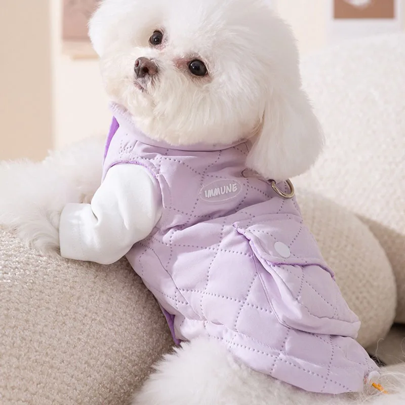 الشتاء جرو الملابس تيدي بلون سترة Bichon Frize Leashable الدافئة القطن الحيوانات الأليفة أكمام سبليت زر قميص