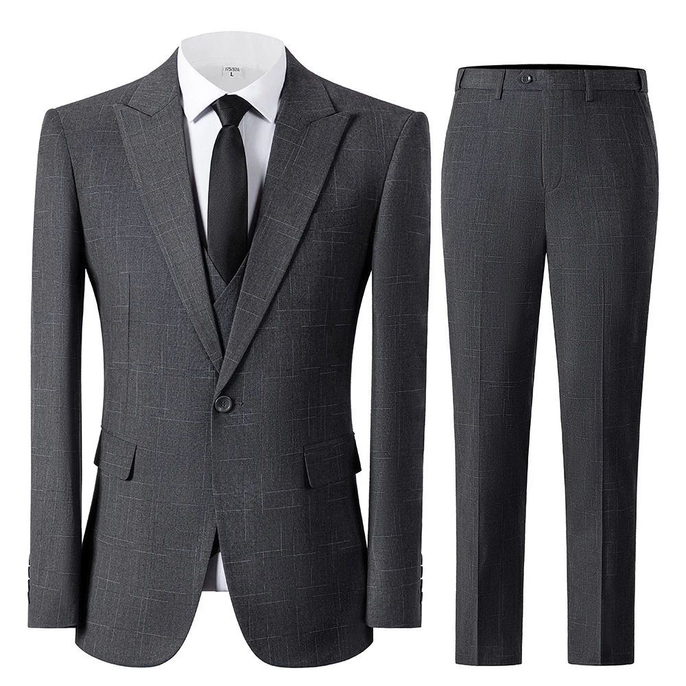 Men's Tuxedos New Arrival Plaid 3 Pieces Double Breated Vest  Formal Slim Fit Mens Suit （Jacket+Vest+Pants）