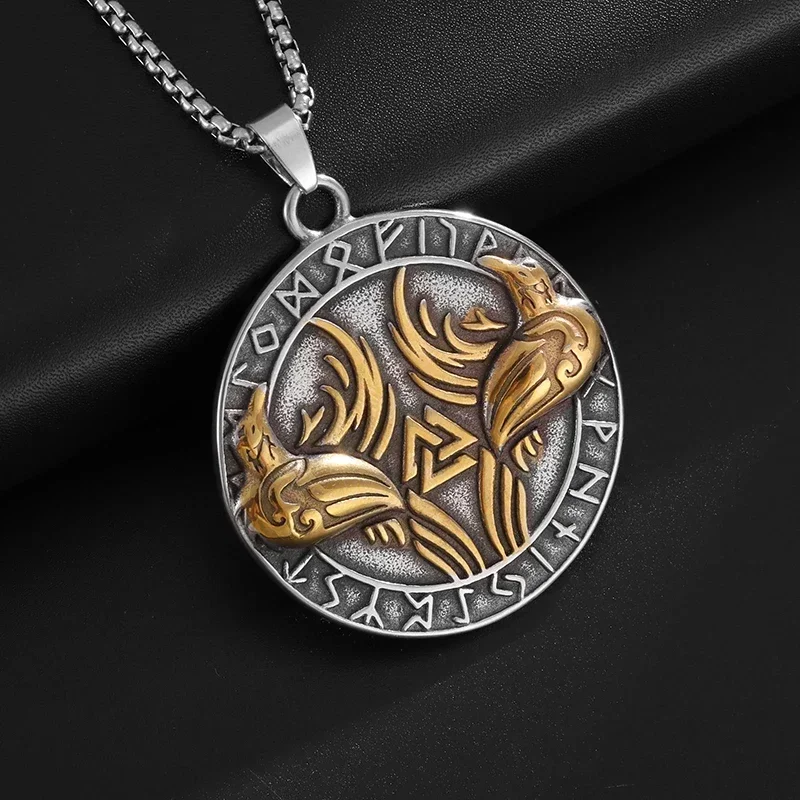 Retro Ethnic Style Nordic Viking Double Crow Triangle Rune Necklace Fashionable Men's Lucky Charm Jewelry