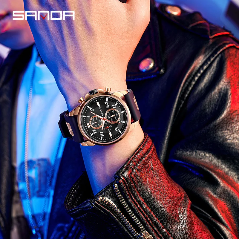 Sanda-Reloj de pulsera con correa de silicona blanda para hombre, cronógrafo a prueba de agua, movimiento de cuarzo, de negocios, a la moda, nuevo diseño, 5506, 2023