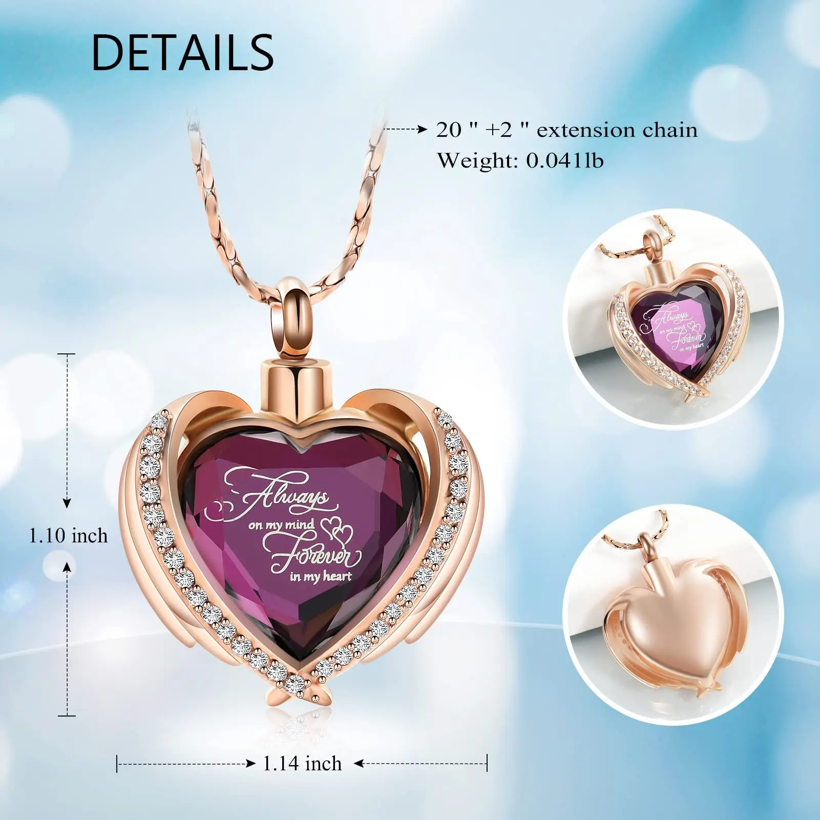 Wholesale Purple Crystal Birthstone Love Heart Urn Necklace with Angel Wings Ashes Keepsake Always in My Heart Cremation Jewelry