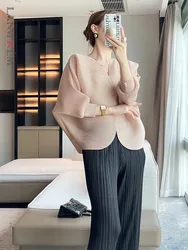 LANMREM Pleated Shirt For Women Batwing Sleeves Loose Design Cardigan Versatile Short Top 2023 Autumn New Clothes 2DA2044