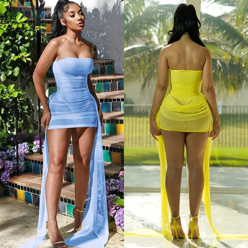 

Summer New Mesh Ribbon Vacation Dress Sexy Strapless Pleated Tight Dress Fashionable Solid Color Fake Two Women's Short Skirts