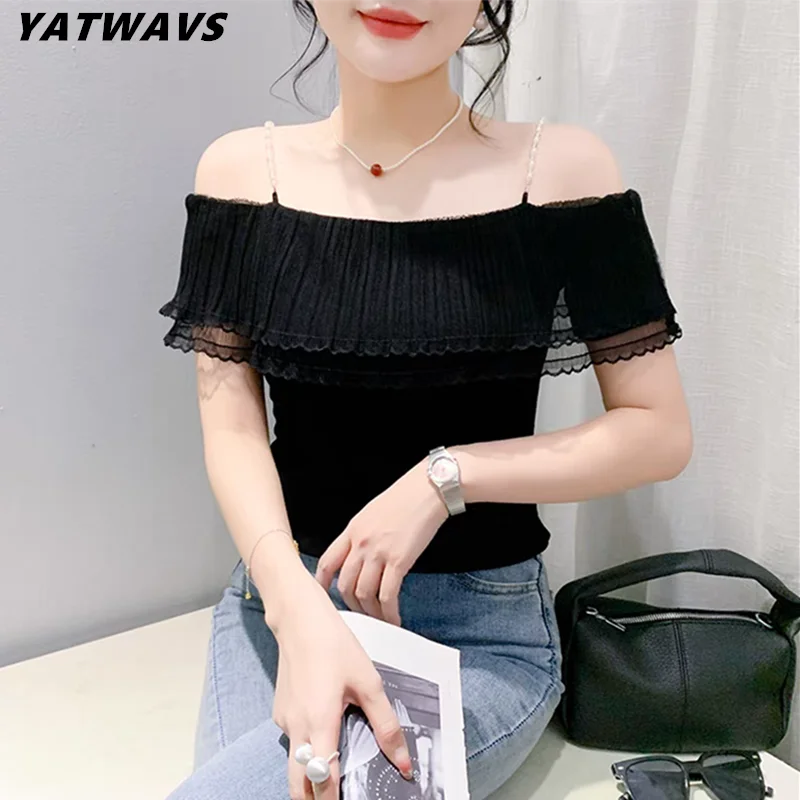 Fashion Summer Sweet Girl Sexy Off-Shoulder T-shirt Elegant Slash Neck Ruffle Slim Tops Women Chic Pearl Chain Suspenders Tees