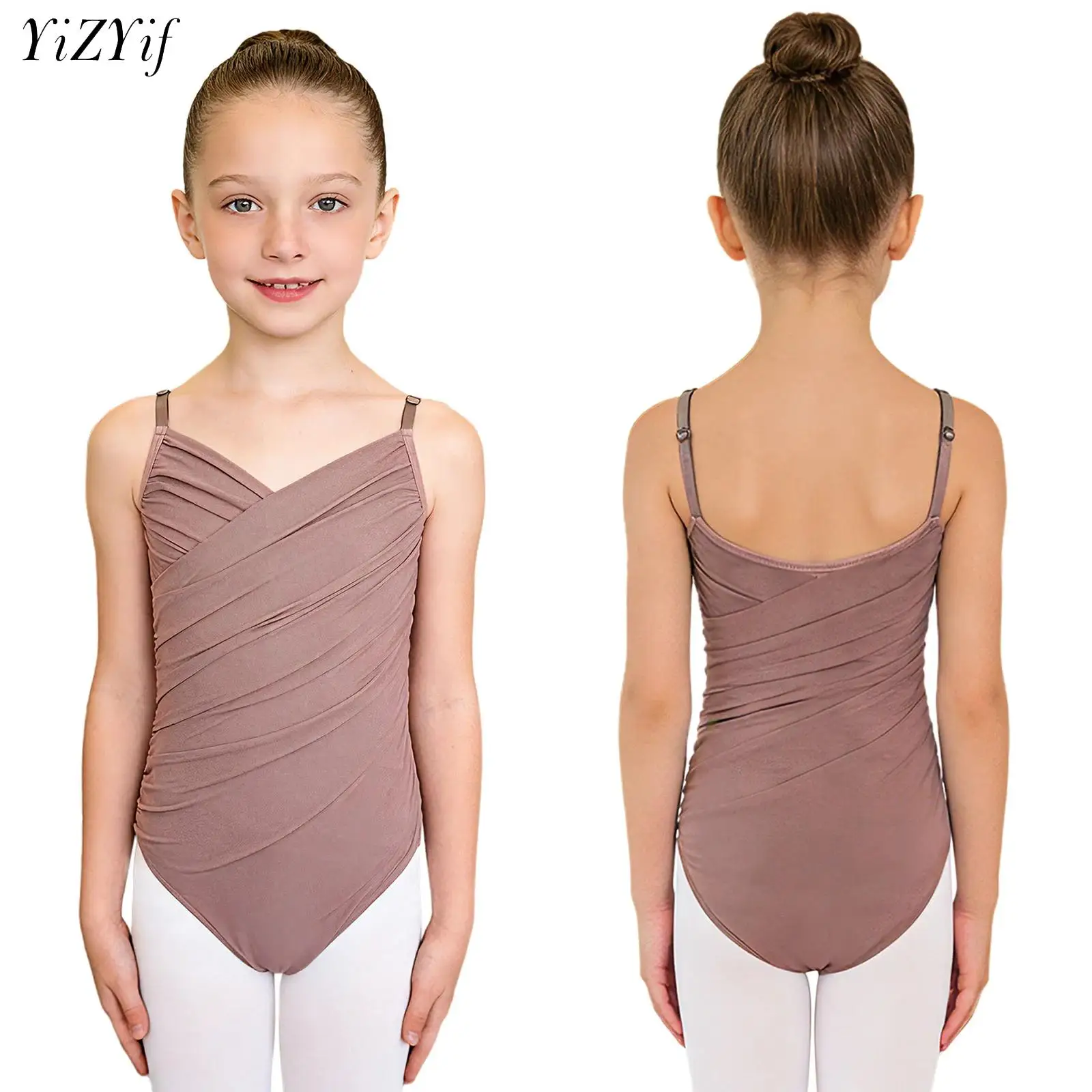 

Балетный танцевальный комбинезон для девочек-подростков с регулируемыми бретелями-спагетти, сетчатый, с драпировкой, для балета, гимнастики, йоги и тренировок