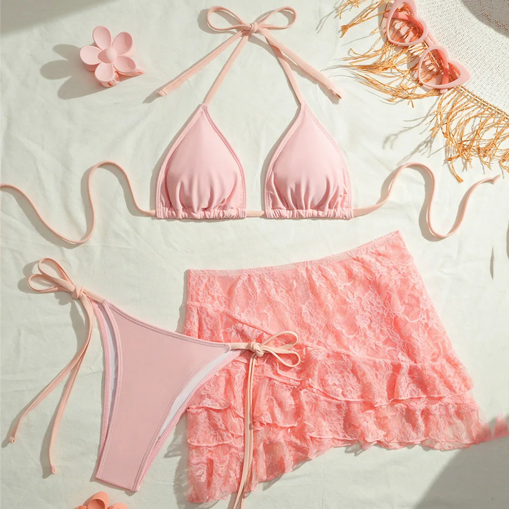 

Pink Lace Mini Skirts Cover Ups Swimwear String Halter Triangle 3 Piece Bikini Set Micro Thong Sexy Swimsuit Women 2026 Bikinis