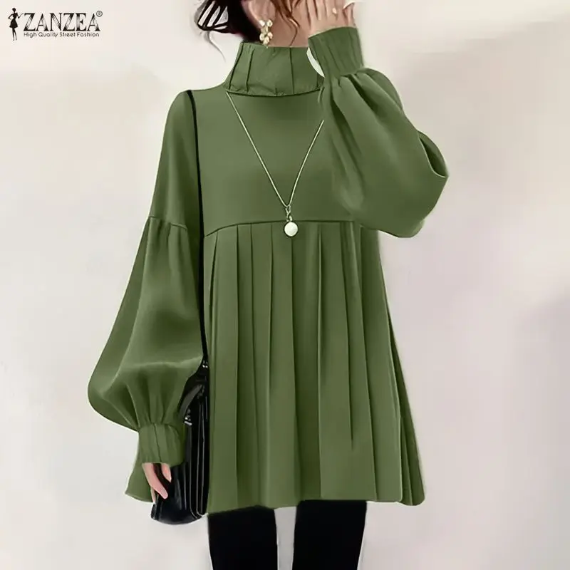 

ZANZEA, стильная блузка с длинными рукавами-фонариками, весенне-осенние женские топы, однотонная плиссированная рубашка, элегантные офисные блузки с воротником-стойкой