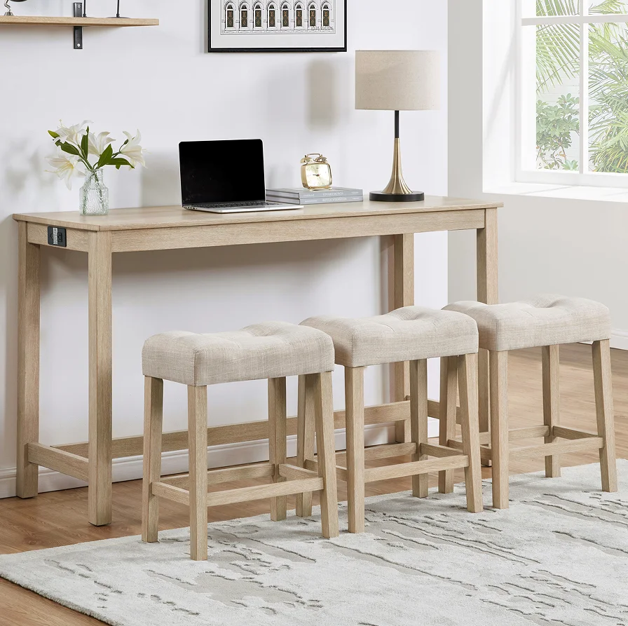#4 Piece Bar Table Set With Power Outlet,Bar Table Set With Chairs,Sofa Bar Table With Stools