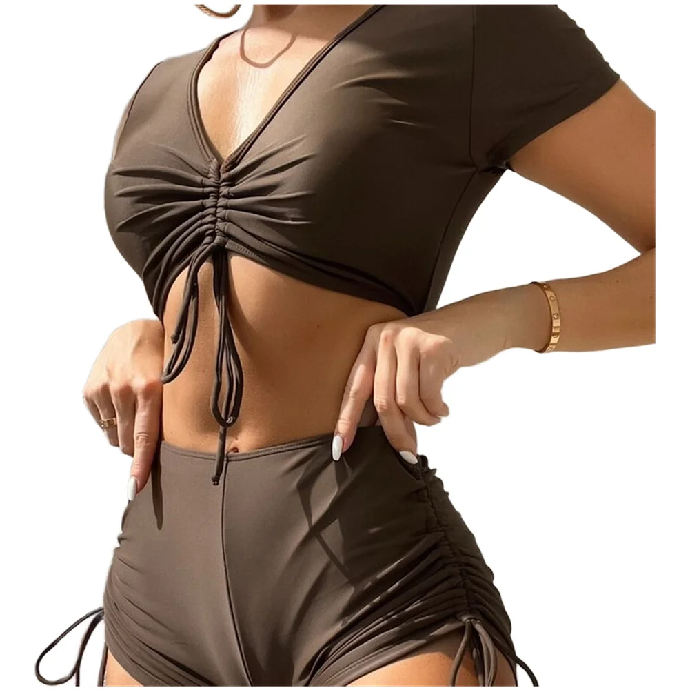 Women Athletic Swim Set Womens V Neck Bikini For Summer Beach Wear Adjustable Drawstring Closure Soft Polyester Fabric