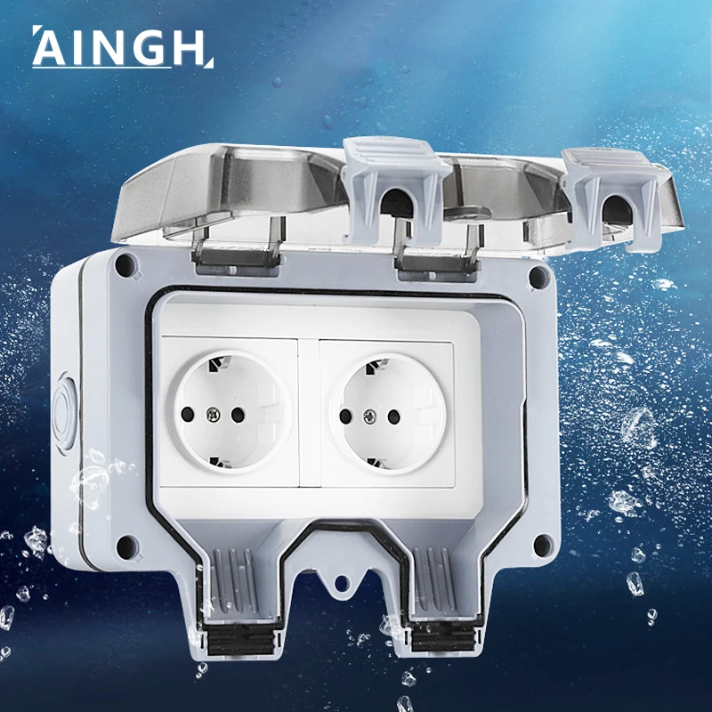 Aingh IP66 Outlet 220v Korea Waterproof Outdoor Plug Electrical Sockets And Switch Wall Multi European Eu Adapter Bathroom Power