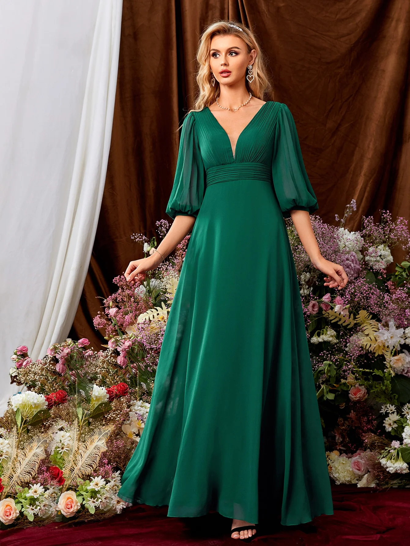 Unithorse Ruched Plunging Neck Lantern Sleeve Chiffon Bridesmaid Dress