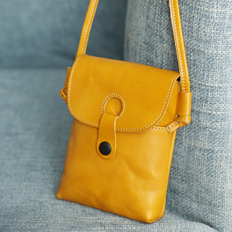 

Soft Wallets Phone Bag Vintage Genuine Cow Leather Versatile Solid Button Small Shoulder Bags Simple Fashion Women Crossbody Bag