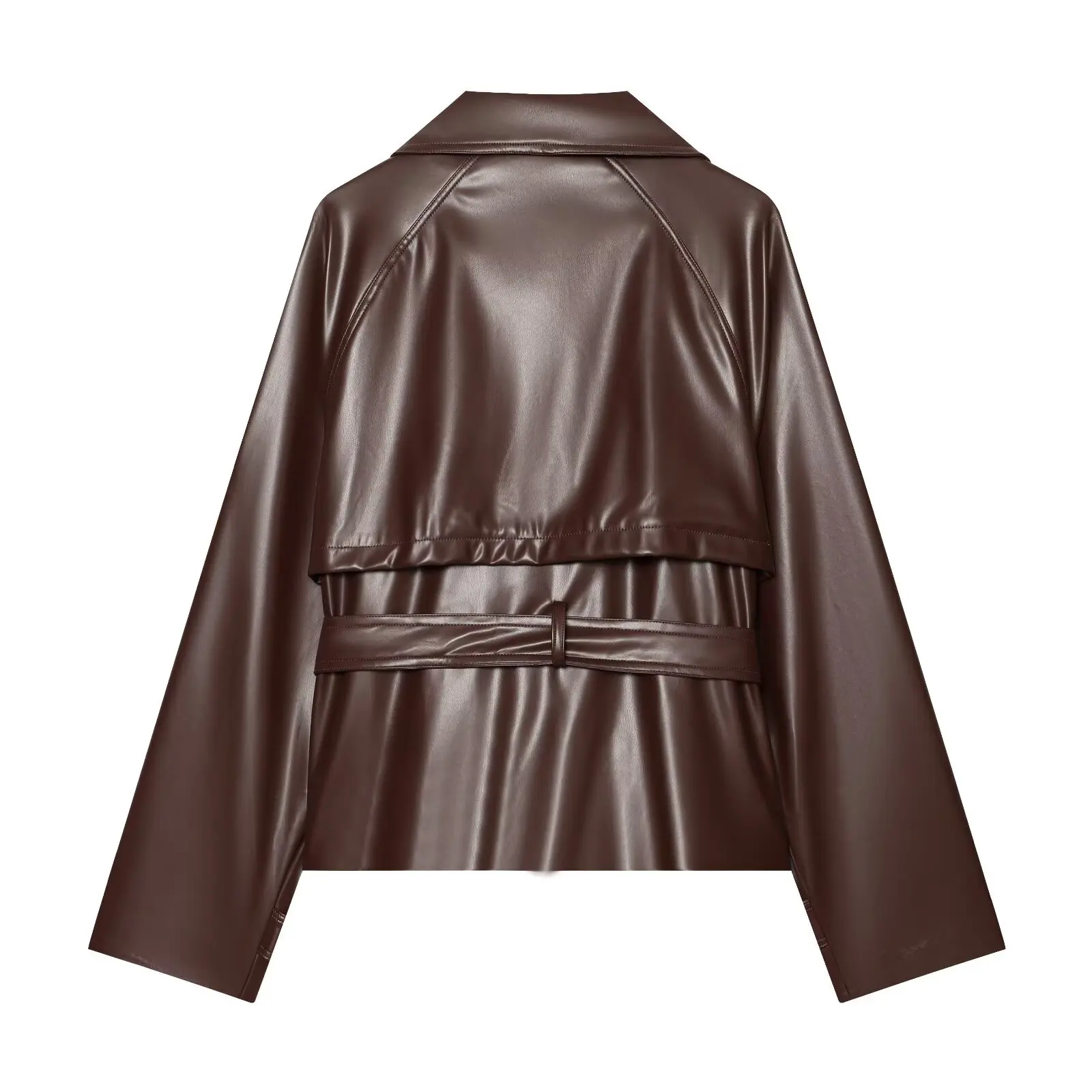 Women's Short Leather Effect Trench Coat, Lapel Double Breasted Windbreaker with Belt, Vintage Faux Leather Jacket