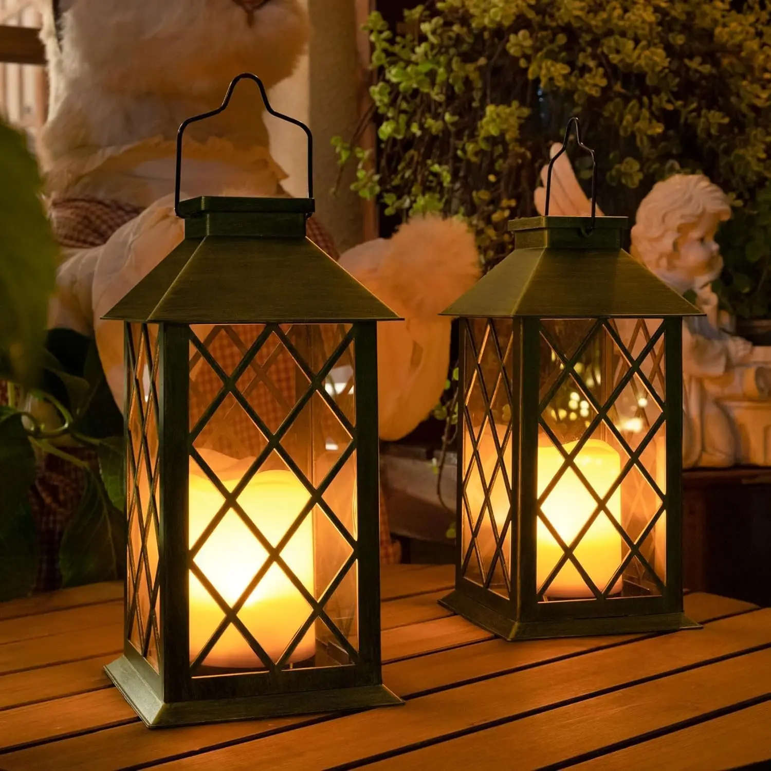 

14' Solar Garden Lanterns, Waterproof Flameless Candles for Outdoor, Party, Table Decor – 2 Packs, Bronze-Green