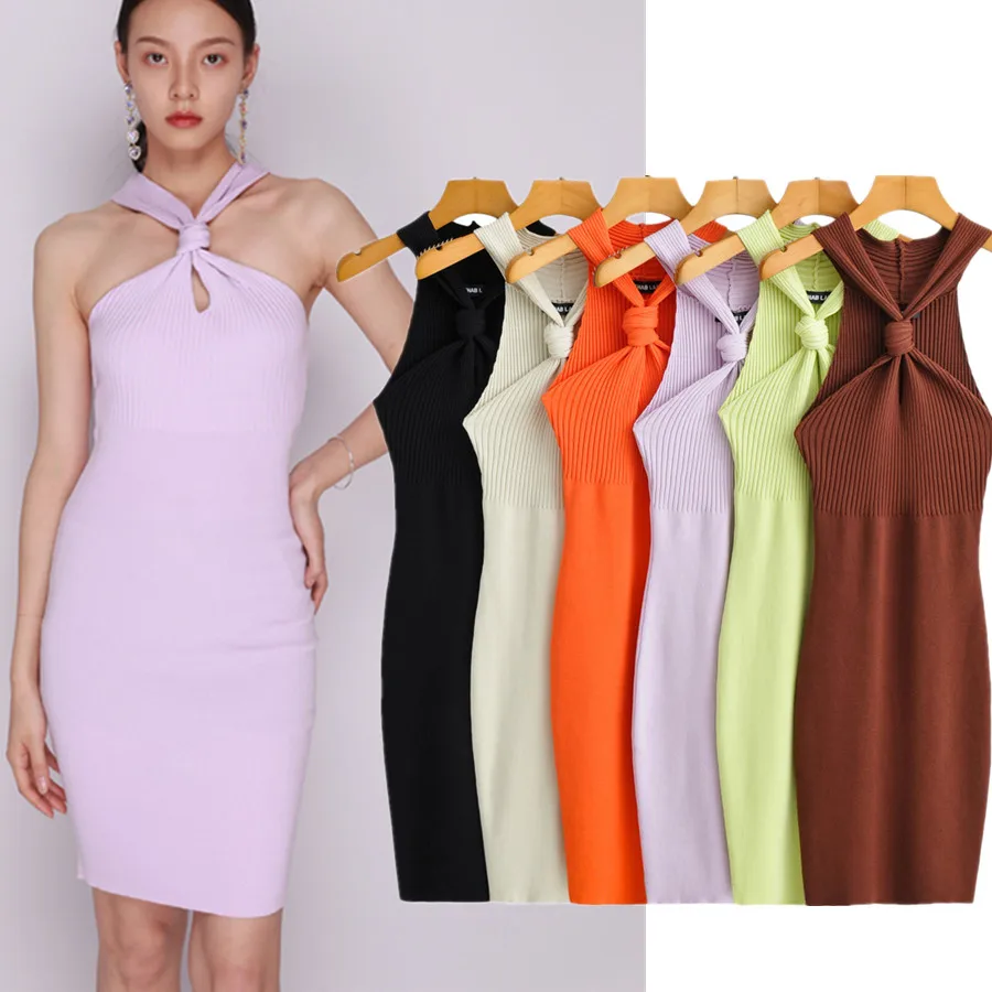 

Withered 2024 England Style Fashion Blogger Design Personality Vintage Sexy Bow Halter Colorful Sheath Knitted Dress Women