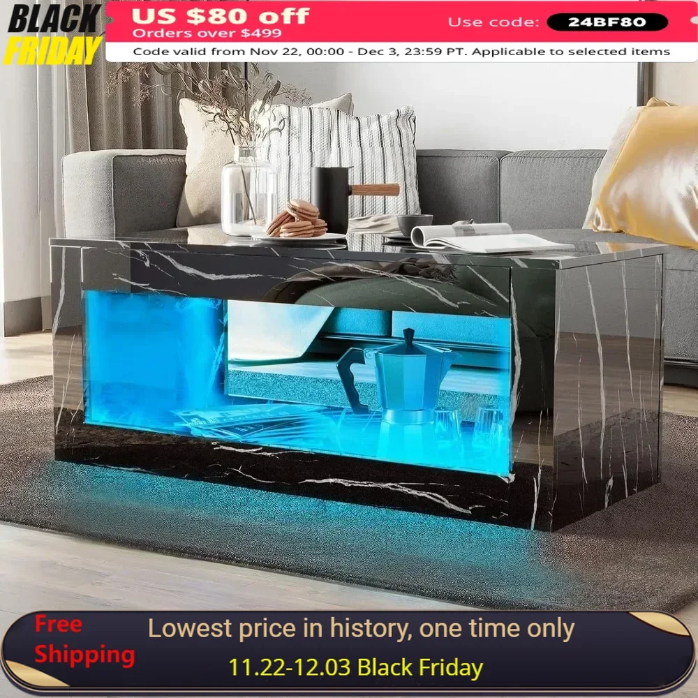 LED Coffee Table with Open Storage, Modern High Gloss Coffees Tables with 16 Colors LED Lights, Coffee Table