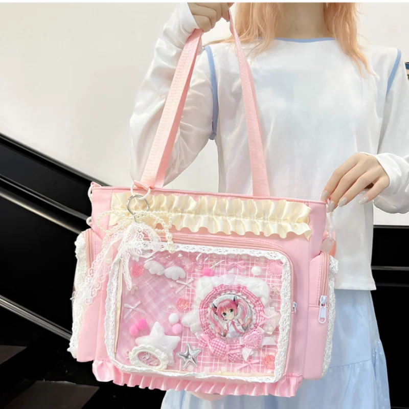 

Милая сумка на плечо в стиле Лолиты с рюшами и кружевным дизайном, прозрачная карманная сумка-тоут, разноцветная сумка Kawaii, женская витрина, кукла, прозрачная сумка