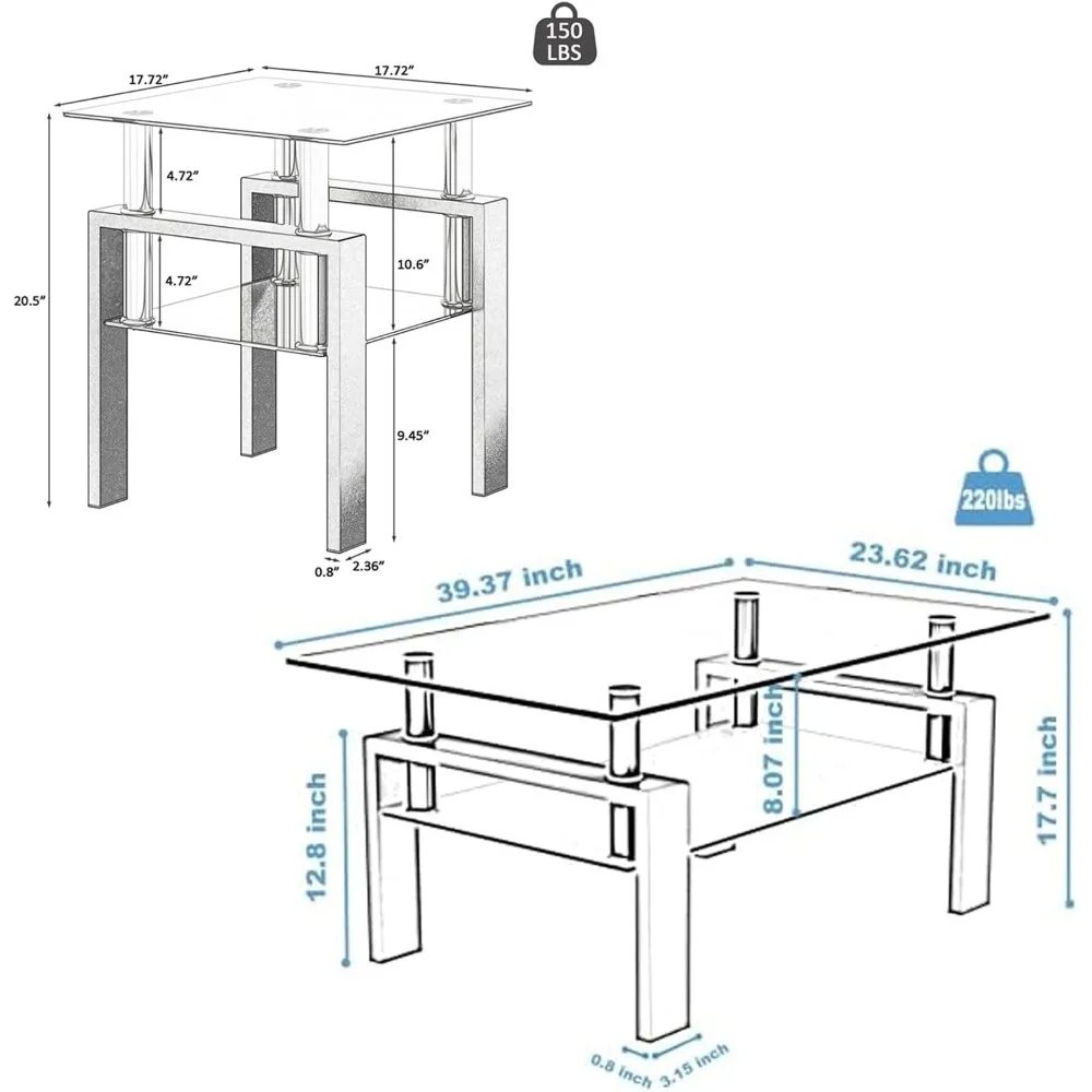 Set tavolo da soggiorno in vetro da 3 pezzi con piano in vetro temperato e cornici in metallo