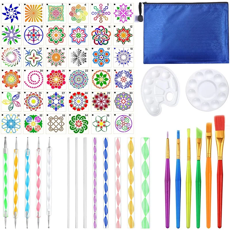 

Set Of 58, Dotting Tools For Painting Mandalas Set Include Mandala Stencil Ball Stylus Brush Paint Tray