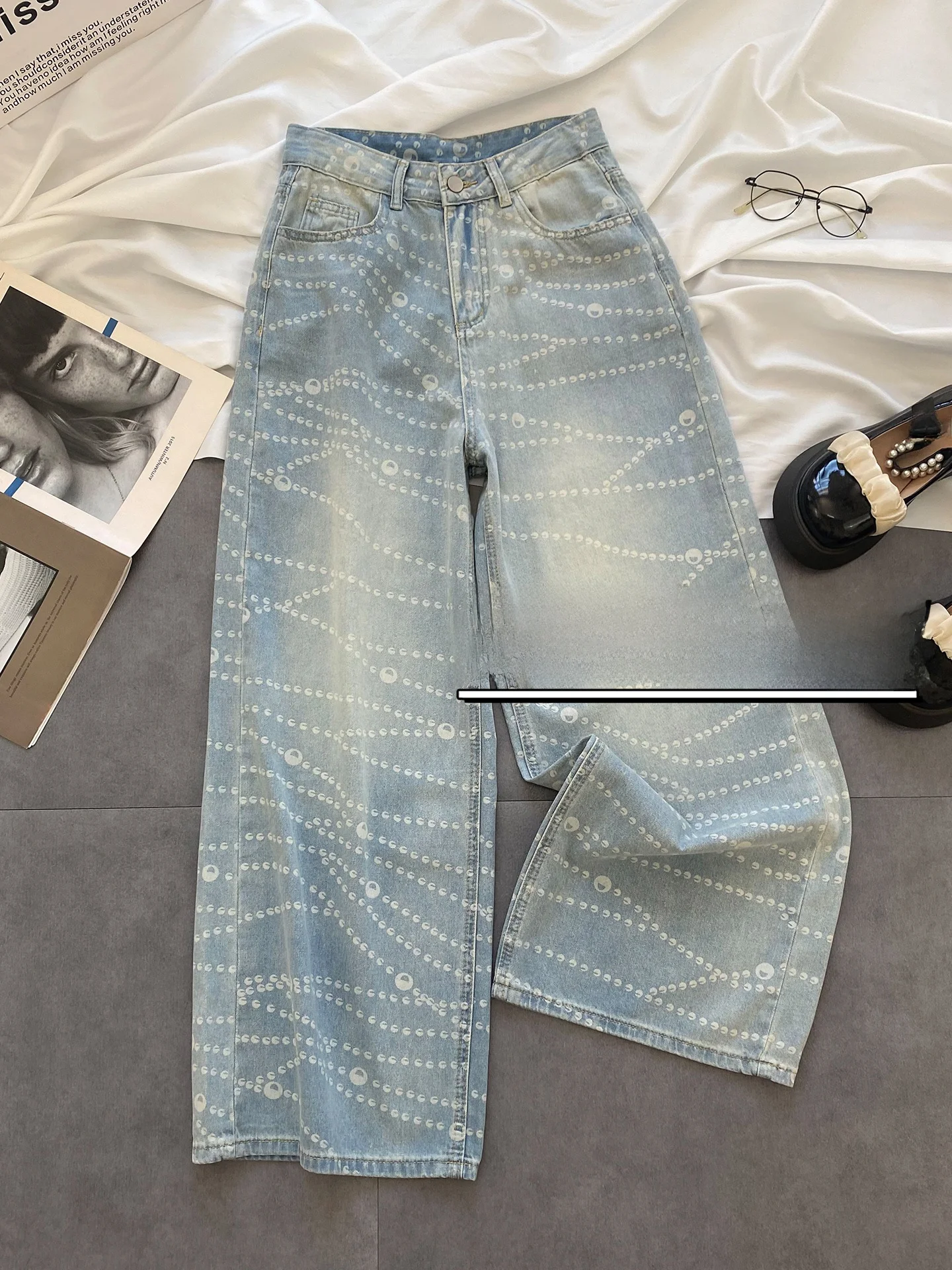 

Утягивающие свободные широкие джинсовые джинсы, женские повседневные летние брюки с жемчужным принтом и высокой талией, утепленные брюки Cool Sensation