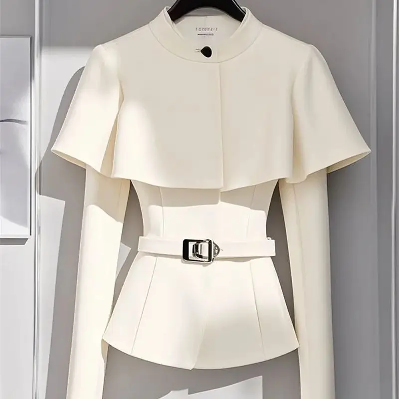 Limiguyue Small Fragrance Cape Short Coat Women High End Slim Belt Jacket Autumn Winter Elegant White Outerwear Office Lady 647P