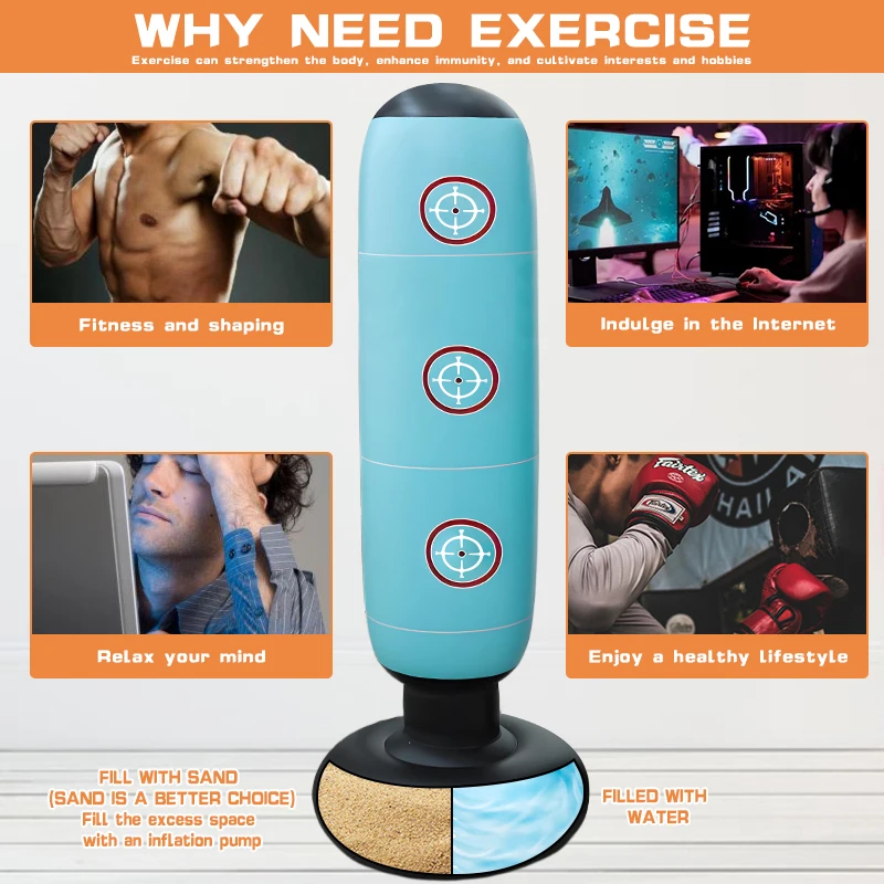 حقيبة ملاكمة مع حامل للبالغين، حقيبة ملاكمة شديدة التحمل قابلة للنفخ، معدات تدريب للنساء والرجال، ممارسة الملاكمة