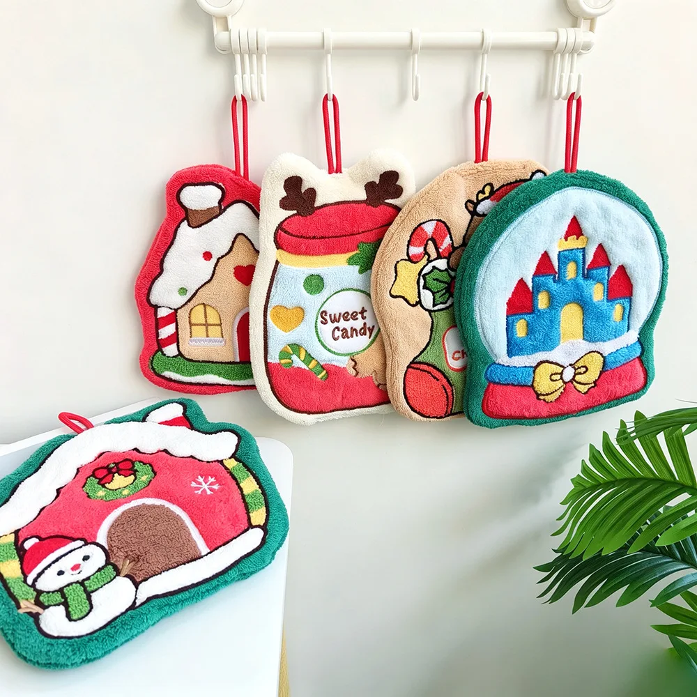 Christmas Decor Hanging Hand Towel House Snow Globe Design Soft Coral‑Fleece Absorbent Holiday Kitchen Towels Decor for Bathroom