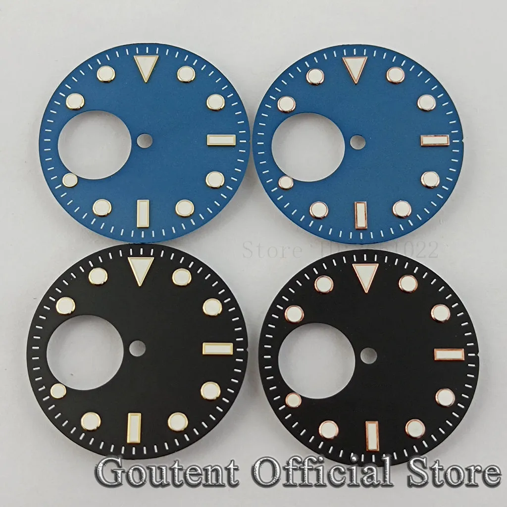 Goutent 29 mm grün leuchtendes steriles schwarz/blaues Zifferblatt, passend für NH38-Uhrwerk für 3-Uhr- und 3,8-Uhr-Kronen-Zifferblatt