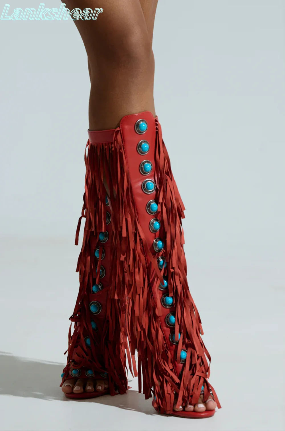 

Blue Gemstone Suede Fringe Knee-high Boots Open Almond Toe Thin High Heels Hollow Back Zipper Summer Sandals Stilettos Sexy