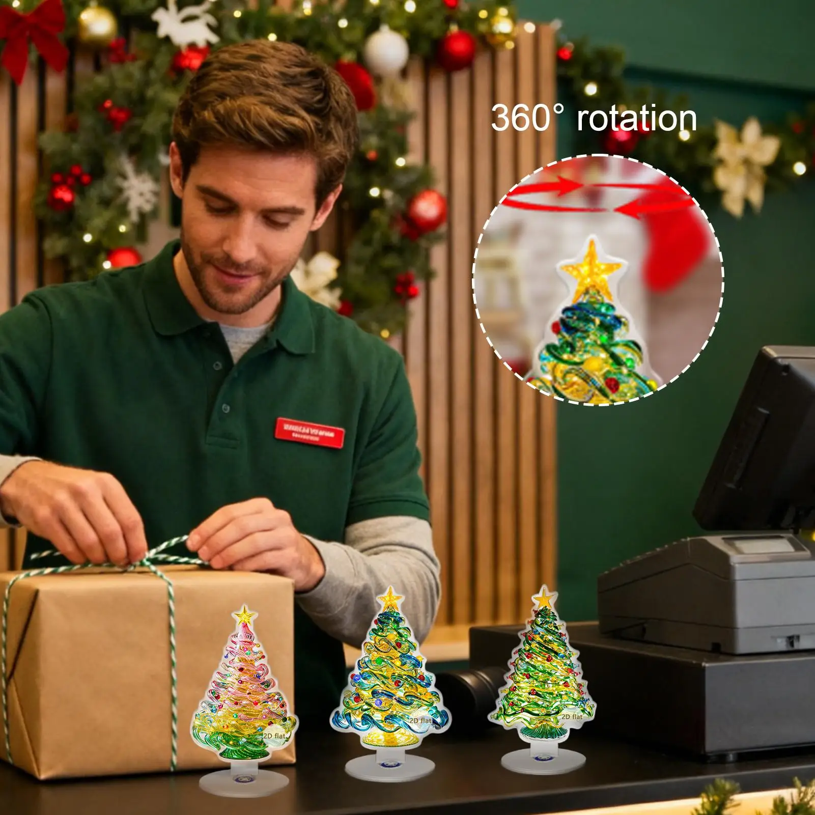 Christmas Tree Statue 3 Pieces 2D Acrylic Winter Holiday Decoration Christmas Tree Desk Ornament For Party Tabletop Mantel Home