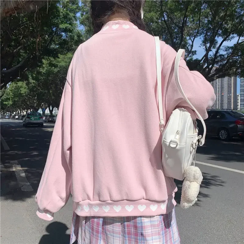 Sweet Love Printed Baseball Jacket Women Autumn Winter New Style Plus Velvet Padded Pink Cardigan Jacket Button Up Female