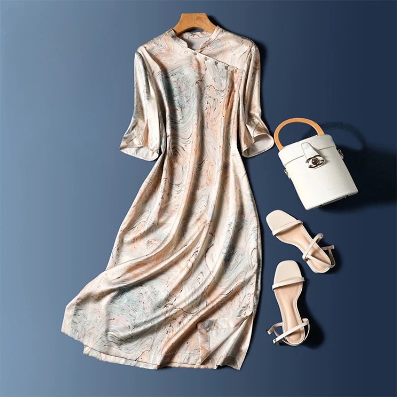 Vestidos estampados de seda para mujer, novedad de 2023, vestido holgado de satén de manga corta de verano estilo imperio chino, ropa con cuello