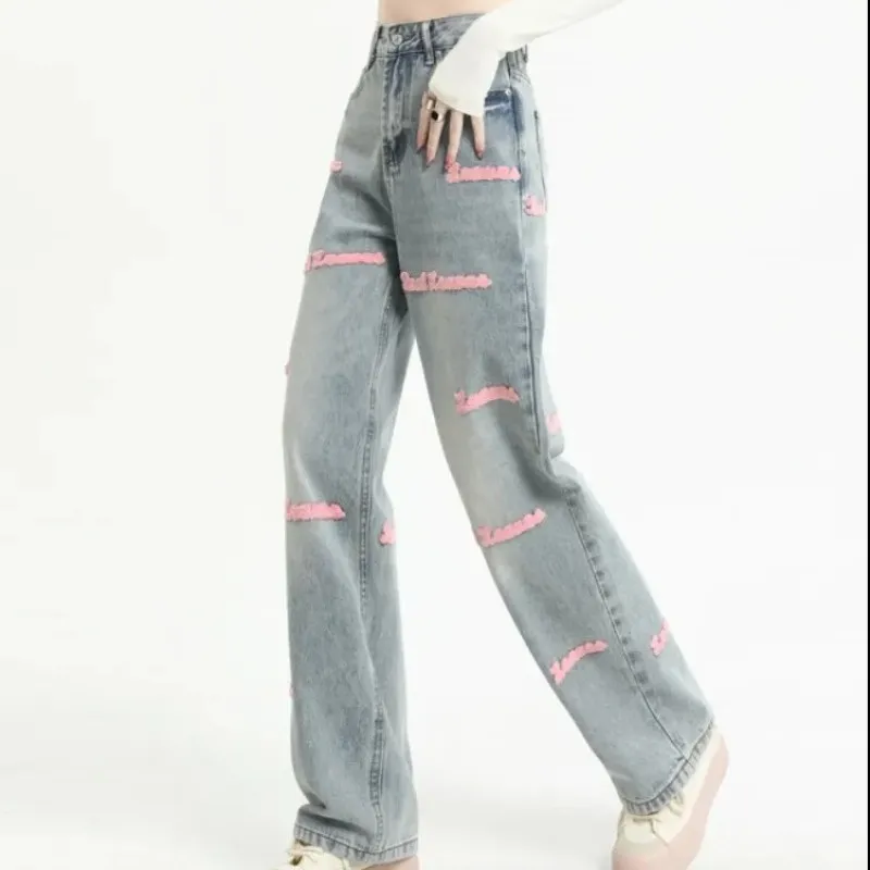 New Women Spring Summer Wide Leg Denim Pants Fashion Embrodidery Letter High Waist Jeans 2023 Vintage Trousers Steetwear Female