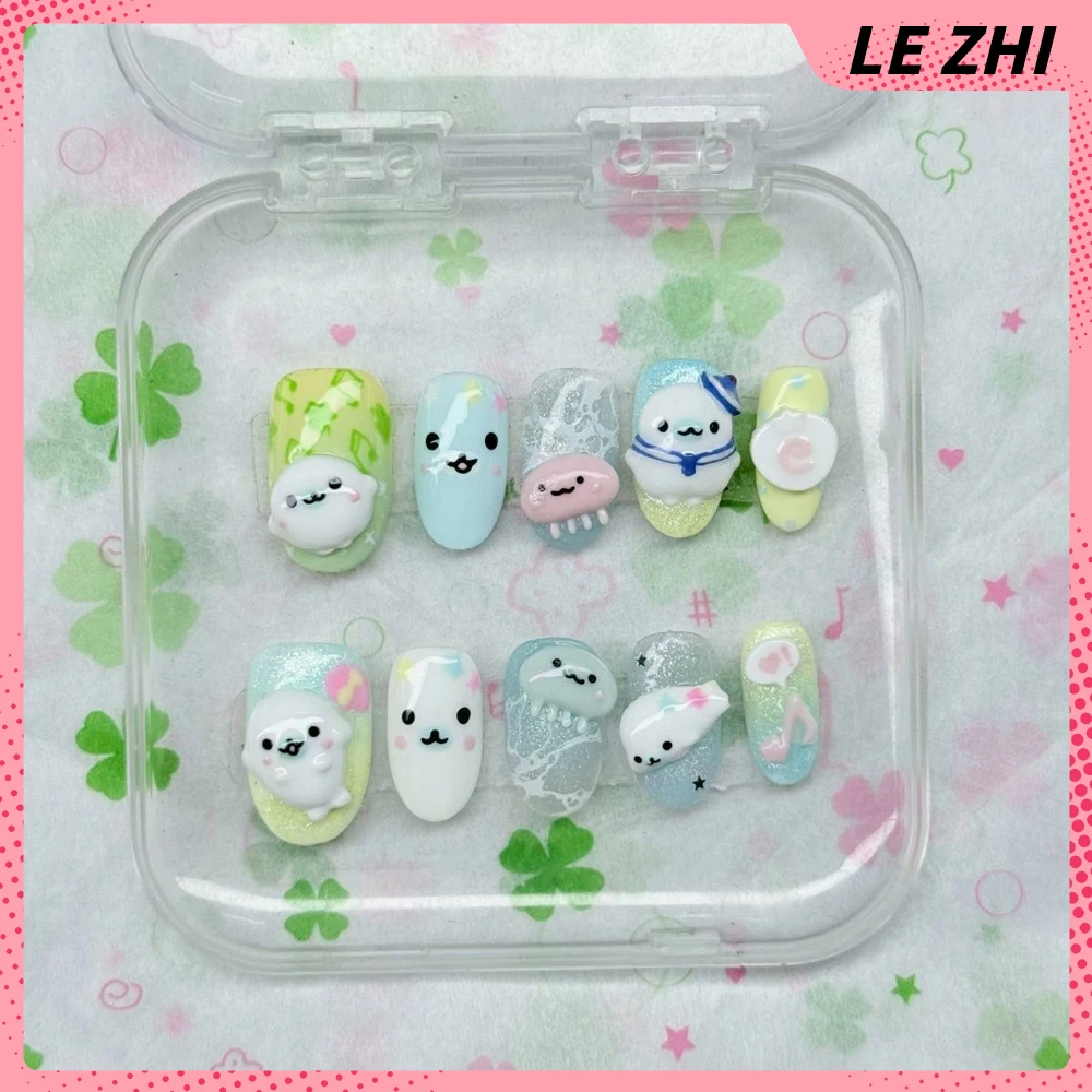 Dibujos animados Rilakkuma conejo gato hecho a mano corto cuadrado prensa en las uñas Bowknot copo de nieve alas notas musicales pegatina de fiesta de uñas