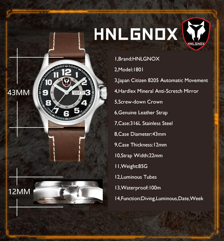 Hnlgnox Mens Automatic Watches Sport 43mm Pilot Watch Luminous Luxury Mechanical Wristwatch 10Bar Waterproof Dual Calendar 8205