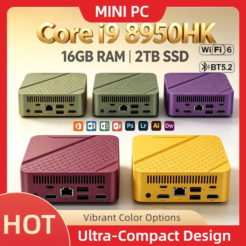 Core i9-8950HK Small Form Factor PC 16GB DDR4 2TB NVMe SSD Triple 4K HDMI WiFi6 High Performance Desktop Office Home Pro Gaming