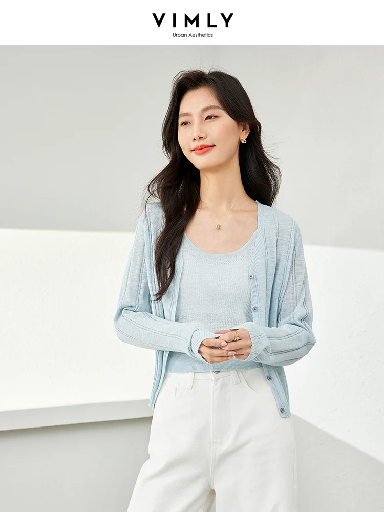 VIMLY Solid Hollow Out Loose Knitted Suit Women 2024 Summer Casual Long Sleeve Cardigan Top + Cami Tank Vest 2 Piece Set 72797