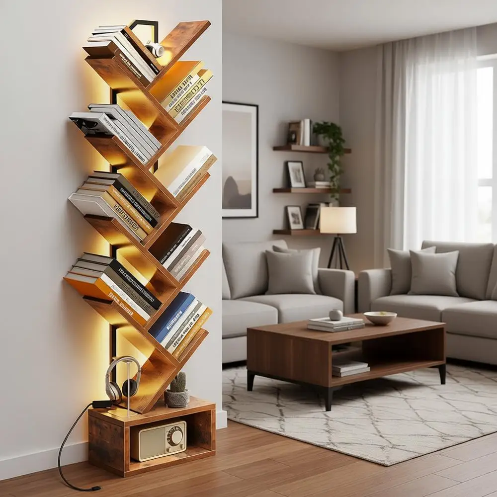 

8-Tier LED-lit Narrow Bookshelf for Small Spaces, Tall Steel & Wood Storage Cabinet, Vintage Style, Home Decor Organizer