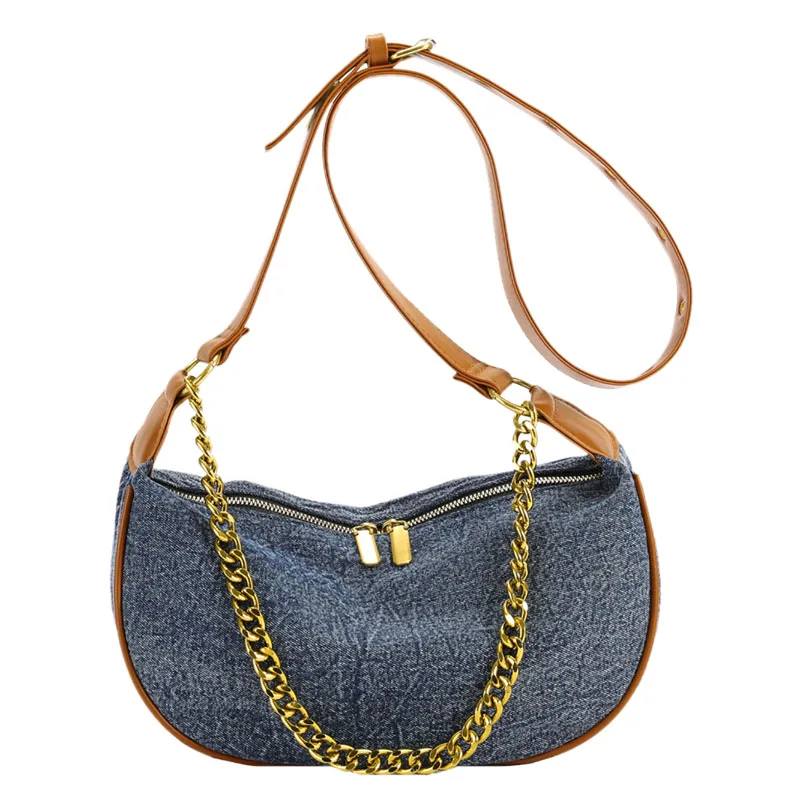 Bolsa tiracolo jeans com corrente feminina, bolsa de ombro com bolsa axilas, textura explosiva, senso de design, nova moda, outono e inverno