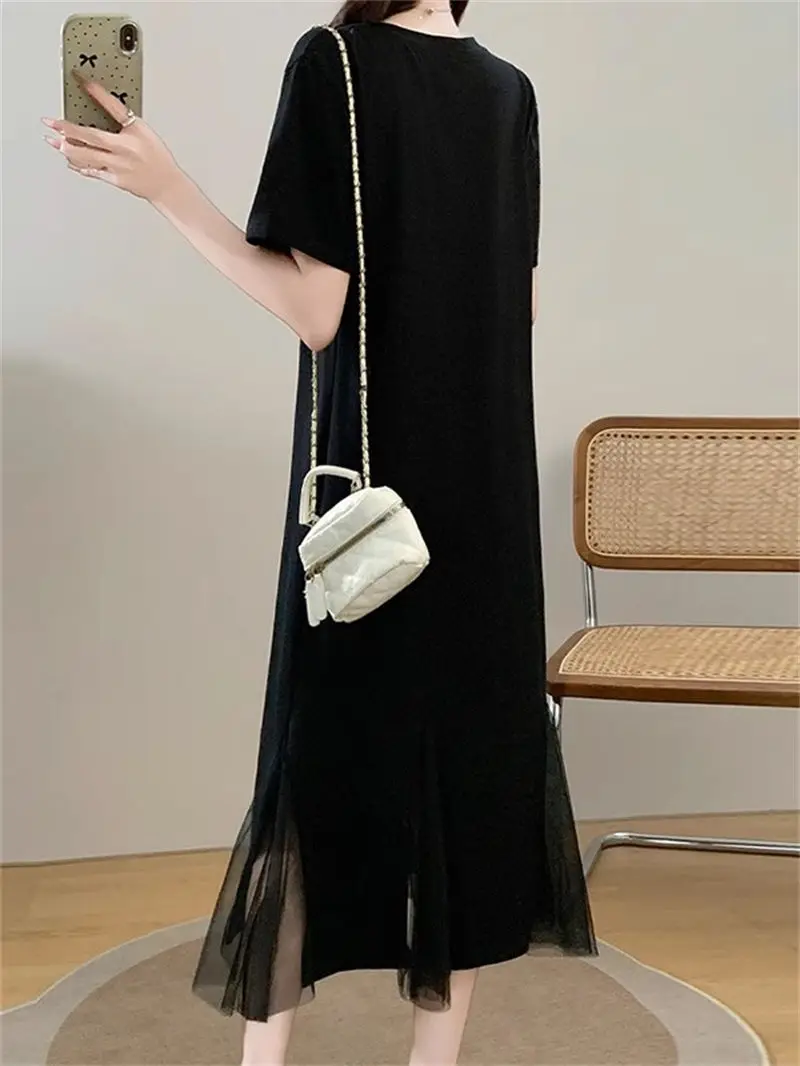 Simple 2025 New Summer Women's French Slim Dress Mesh Panel Mermaid Hem T-Shirt Dress Breathable Casual G639