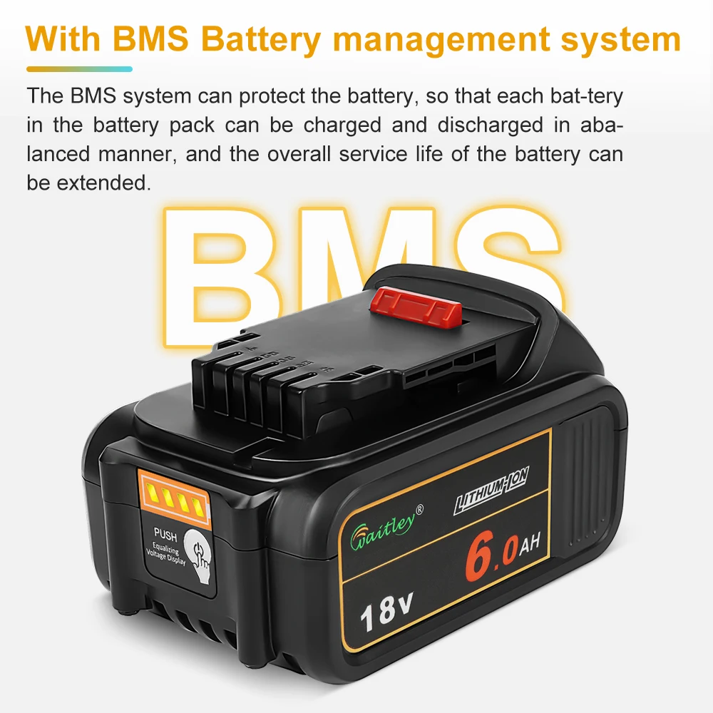 Waitley 6Ah Battery Compatible with DEWALT 18V 20V power Tools DCB184 DCB200 rechargeable accessories Lithium-ion batteries