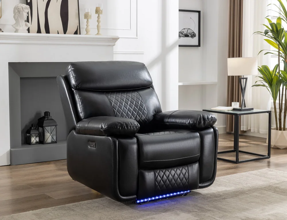 Wholesale 3-seat Black Faux Leather Power Reclining Chair Smart Recliner Electric Sofa Chair with Cup Table LED Strippromote sal