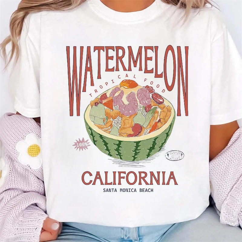 

Watermelon California Pattern T-Shirt Printed Casual Fun Top Women's Round Neck Style Printed Cartoon Beach Fashion T-Shirt
