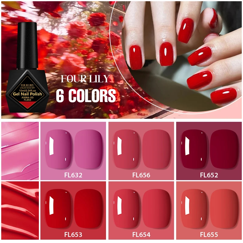 

Набор из 6 гель-лаков по 10 мл: нюдовые, розовые, красные, с блестками, смываемые, для УФ/LED-ламп, для весны и лета, полуперманентный гель-лак, набор для маникюра.