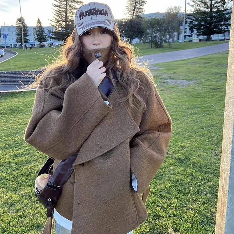 

Women Faux Woolen Stand Collar Jacket Fall Winter Double Breasted Korean Coat Casual Loose Lazy Street Vintage Warm Outwear