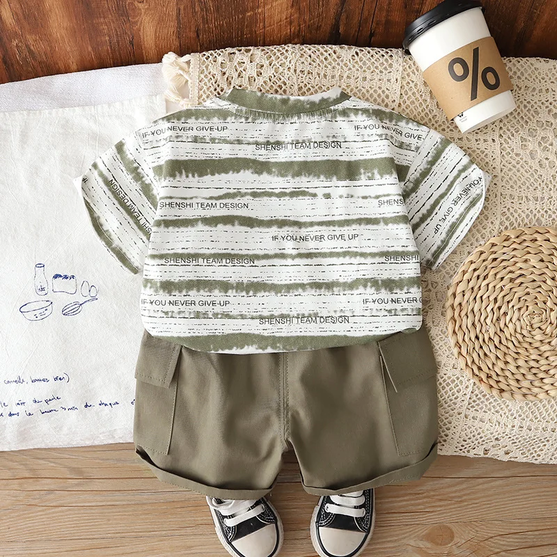 Trendy Tie Dye Stripe Toddler Boys Outfits Summer Contrast Pocket Short Sleeve T-shirt Cargo Shorts 2pcs Kids Casual Fashion Set