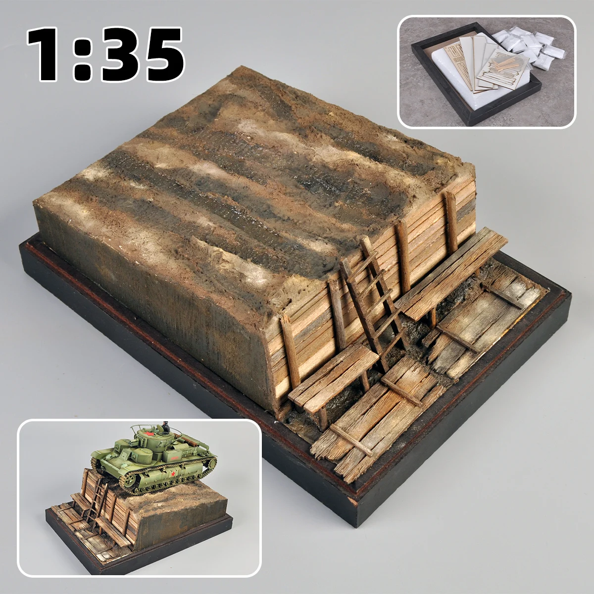 Architektonisches Gebäudemodell-Diorama, Maßstabsmodellbausatz, Holz-Display-Basis, Panzerfahrzeuge, gepanzerte Autos, Ausstellungsständer 1/35